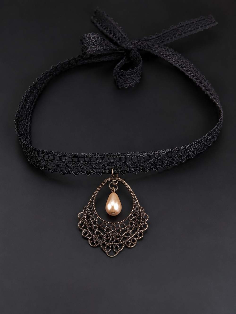 Elegant Black Lace Choker with Gold Teardrop Pendant